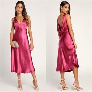 LULU'S Incredible Love Magenta Satin Cowl Back Midi Slip Dress